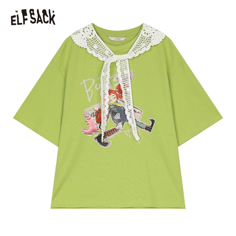 ELFSACK 2025 Spring New Arrivals Lace O-neck Printed Short Sleeve T-shirt Women Dopamine Spring Outfit