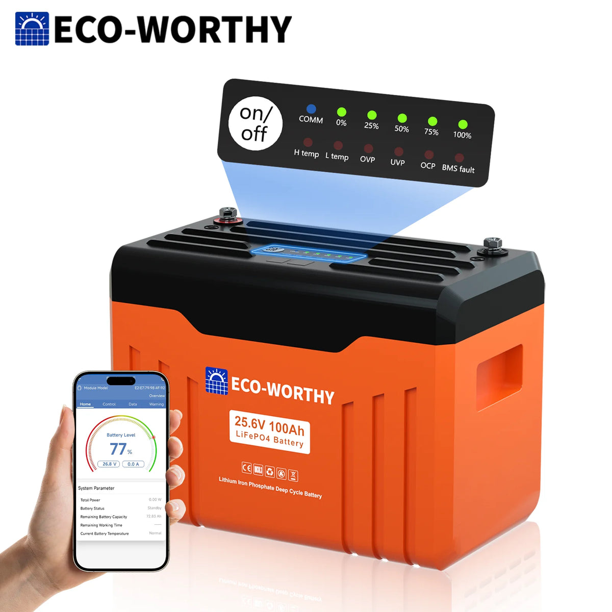 ECO-WORTHY 24V 100Ah Metal Case LiFePO4 Lithium Battery with BT 5.1 with Low-Tem Protection, Max. 2560W for Off-Grid
