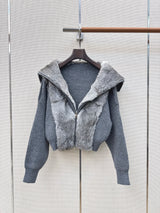 2026 Women Autumn Winter Spliced Fuzzy Hooded Cropped Jacket ZX5705