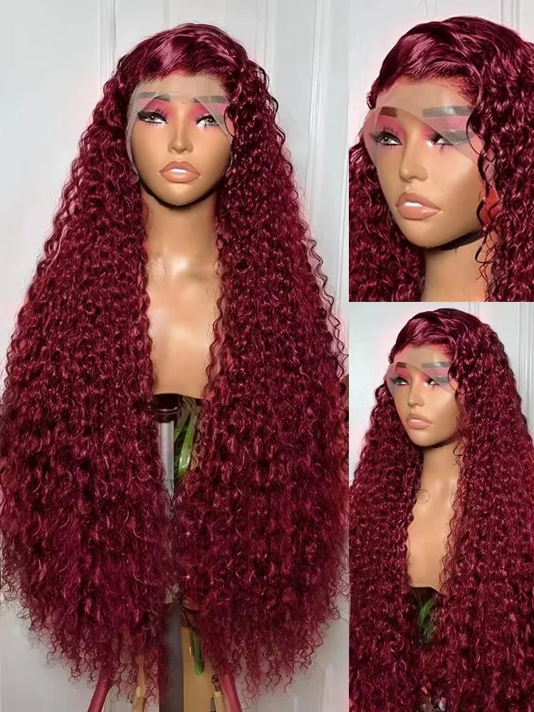 30 40 Inch Burgundy 99j Deep Wave Frontal Wig Colored Curly Human Hair