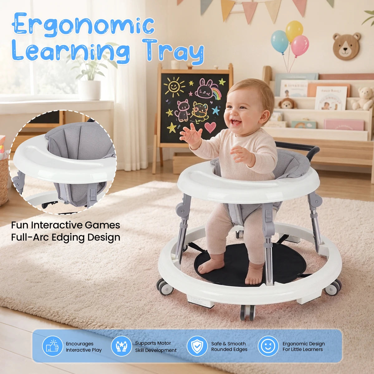 Kmaier Baby Walker, Walker for Babies, Anti‑Rollover Foldable 2‑in‑1 Infant Activity Walker with Rear Push Handle, Multi‑Height Adjustable Metal Support Legs, Removable Washable Seat & Anti‑Slip Wide Safety Base for Toddlers 6‑18 Months