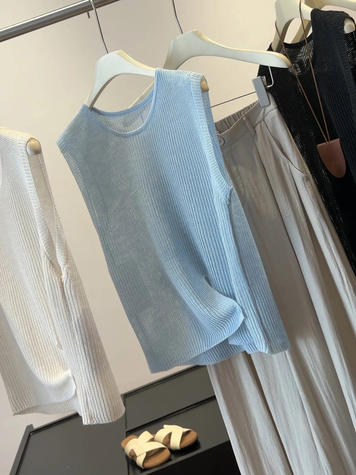2026 New Style - Simple Light Blue Open-Weave Knitted Sleeveless Blouse - Comfortable and Versatile for Daily Use