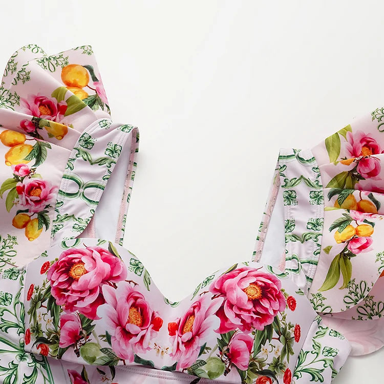 2024 Women Ruffle Cut Out Lemon Floral Pattern Print One Piece Swimsuit and Skirt Beachwear bikini Two piece Bathing Suit
