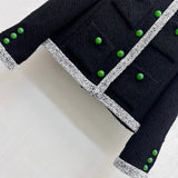 2026 Women Tweed Jacket Wool Blend Fabric Contrast Binding Trim Embellished With Emerald Green Buttons Outerwear