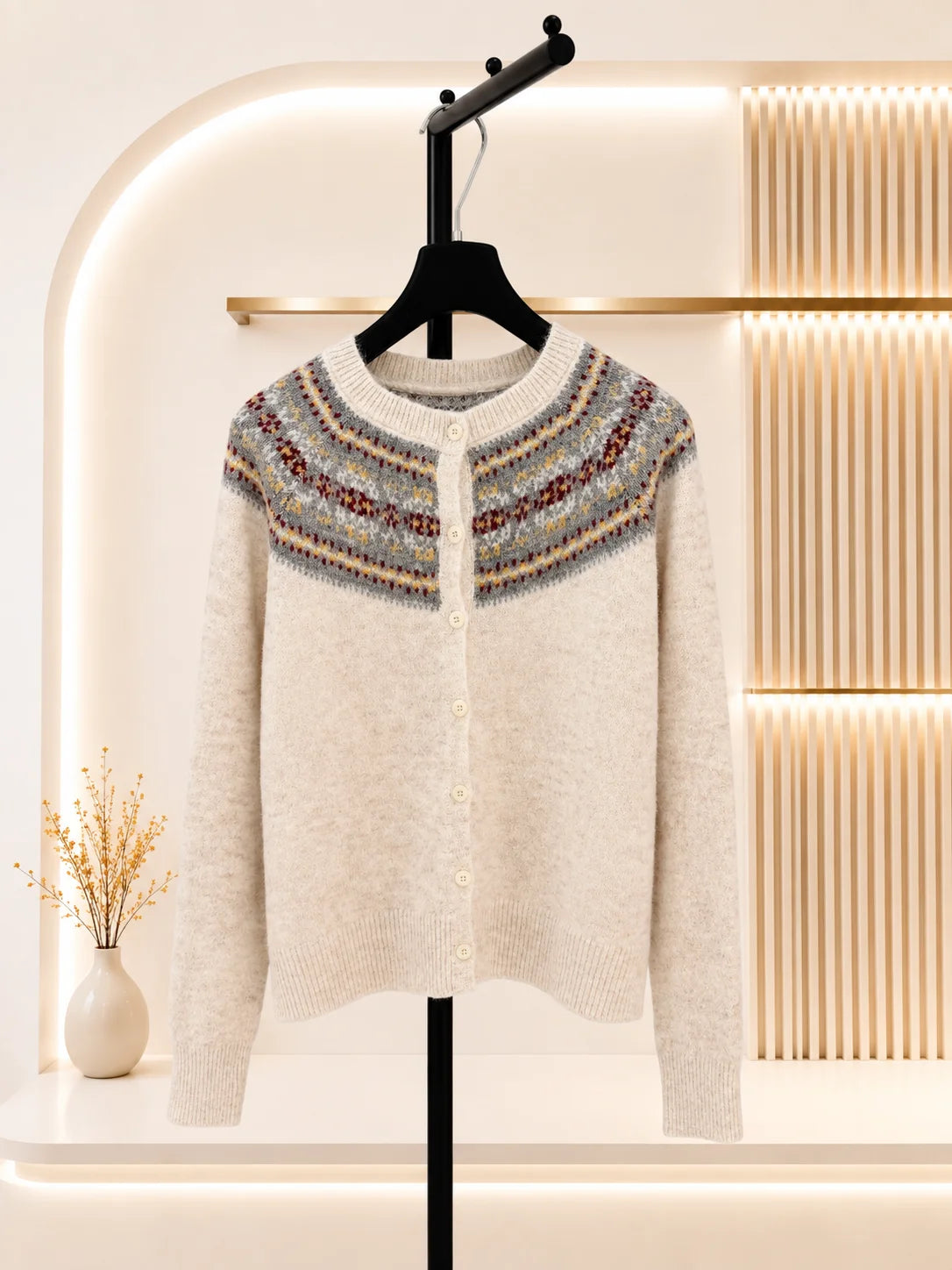 2026 Women Knitwear Crew Neck Yoke Jacquard Pattern Cardigan Front Button Closure Ribbed Hem Cuff