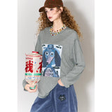ELFSACK Graffiti Puppy Print Round Neck Long Sleeve T-Shirt For Women