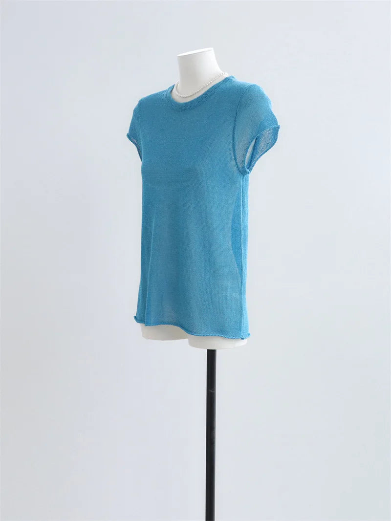 2026 Model: Round-necked Shoulder-Padded Knit Top for Summer - Simple Casual Commute Hoodie - Lightweight T-shirt