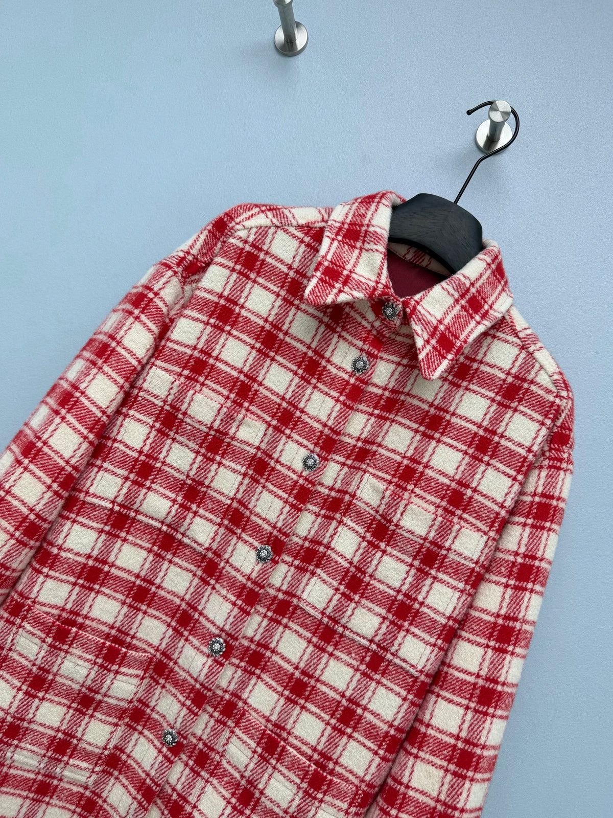 2026 Women Shirt Jacket Red White Plaid Wool Blend Collar Drop Shoulder Rhinestone Buttons Chain Dual Pockets Outerwear