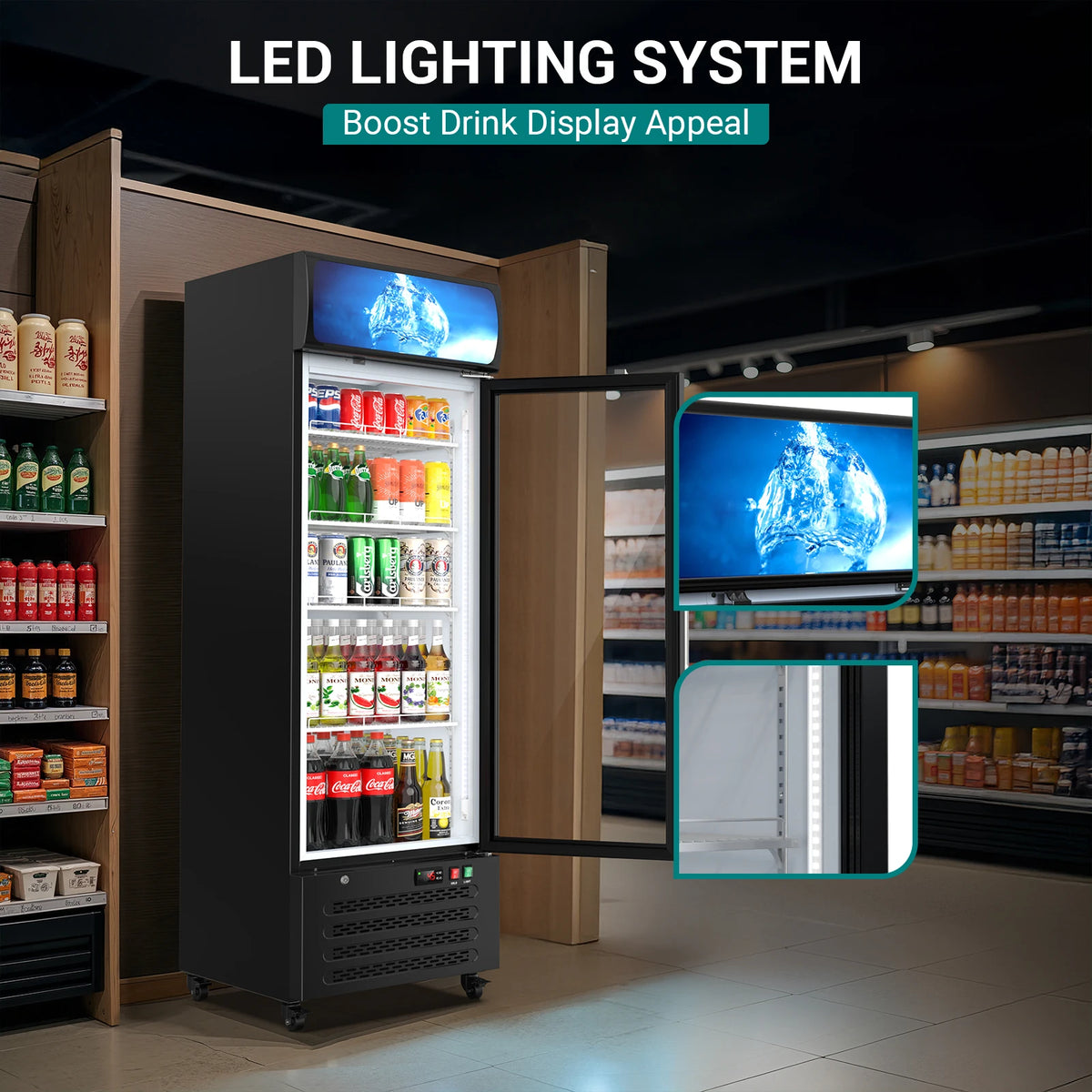 14.8 Cu Ft Commercial Merchandiser Refrigerator Glass Door Upright Beverage Display Fridge Cooler with Front LED Light for Shop