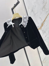 2026 Women Autumn Winter Velvet Petite Coat With Oversized Lace Collar ZX3103