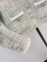 2026 Women Tweed Jacket Multi Yarn Woven Tweed Handmade Woven Edge Trim Carved Decorative Button Cropped Outerwear