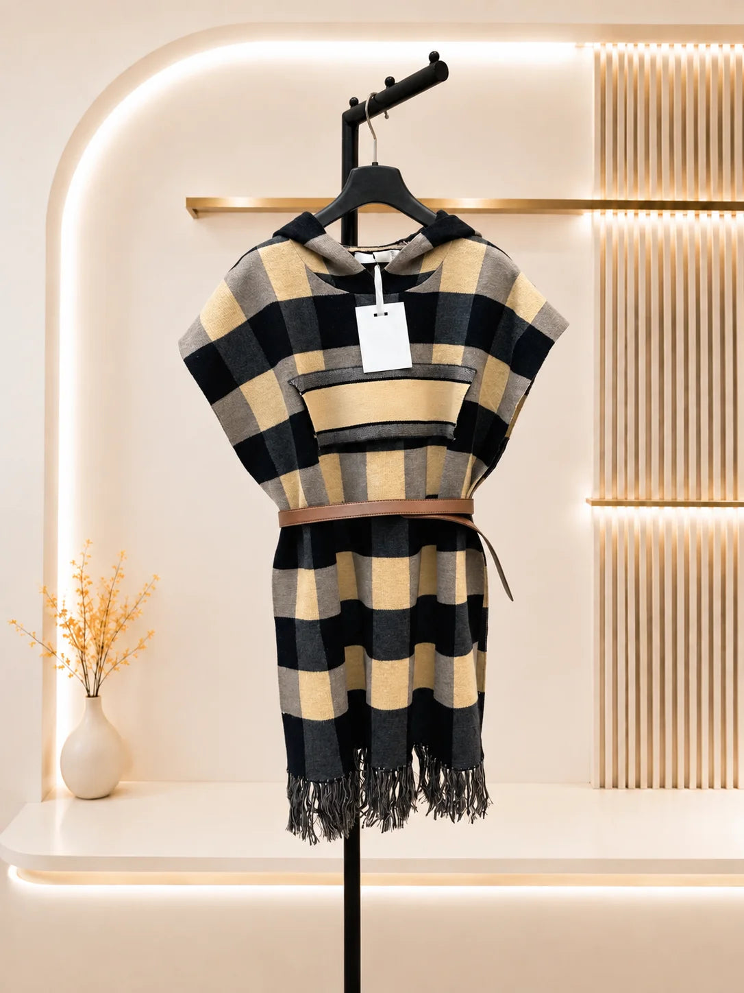 2026 Women Cape Coat Hooded Plaid Pattern Wool Fabric H Line Cut Brown Waist Belt Fringe Edge Fall Winter Outer Garment