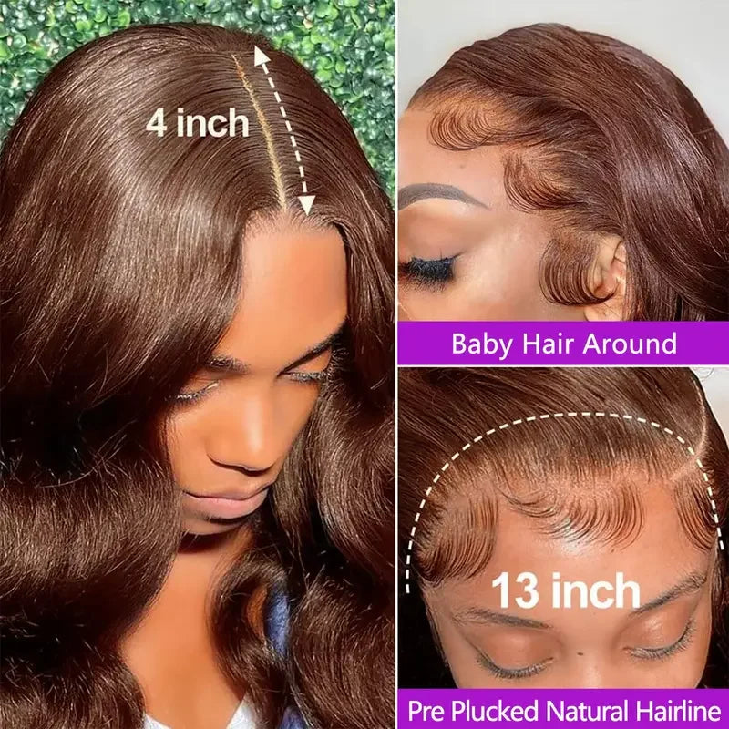 34 Inch Body Wave Chocolate Brown Lace Front Wigs Human Hair Pre Plucked