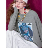 ELFSACK Graffiti Puppy Print Round Neck Long Sleeve T-Shirt For Women