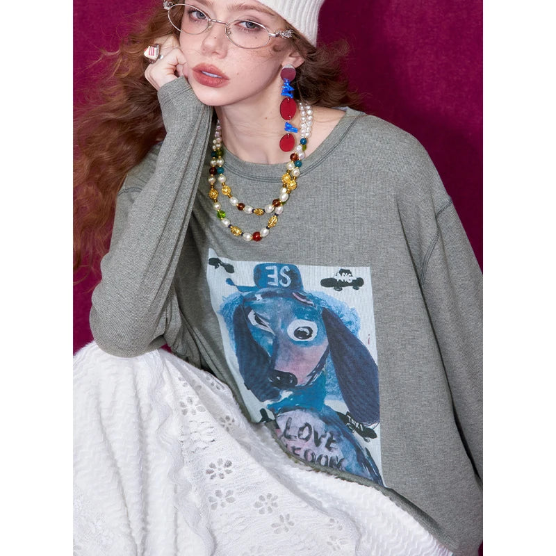 ELFSACK Graffiti Puppy Print Round Neck Long Sleeve T-Shirt For Women