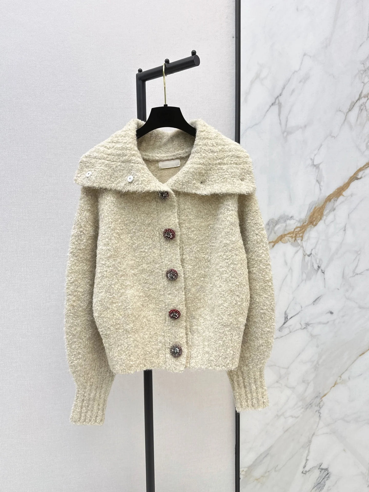 Women 2026 Fall Fashion Furry Knitted Jacket Big Sailor Collar Sparkle Buttons Casual Short Sweater Cardigan For Daily Wear