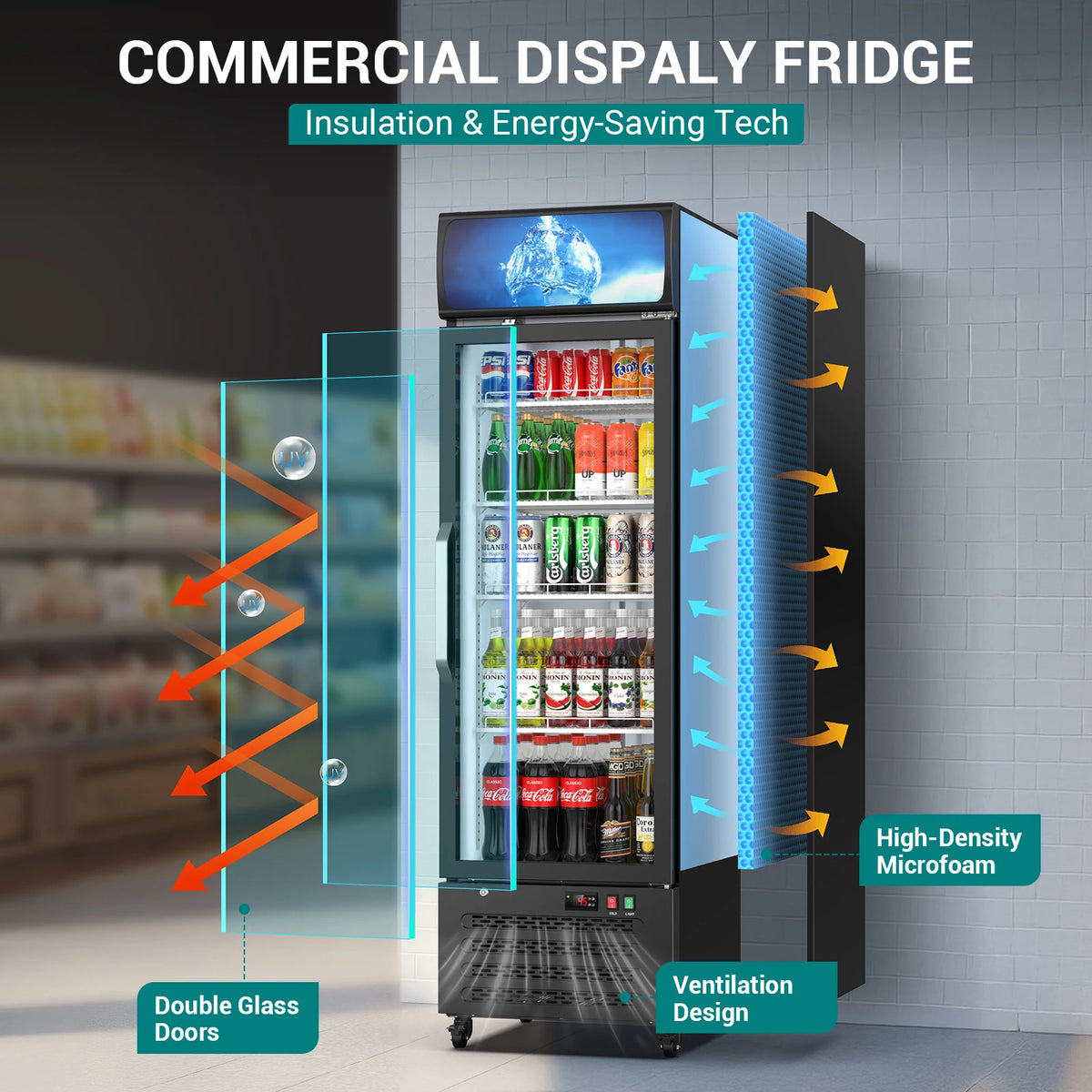 14.8 Cu Ft Commercial Merchandiser Refrigerator Glass Door Upright Beverage Display Fridge Cooler with Front LED Light for Shop
