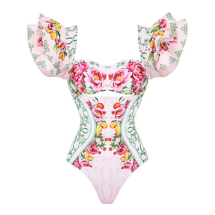2024 Women Ruffle Cut Out Lemon Floral Pattern Print One Piece Swimsuit and Skirt Beachwear bikini Two piece Bathing Suit