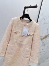 2026 Women Autumn Tweed Round Neck A-line Dress With Fake Two Pieces Cuffs ZX3101