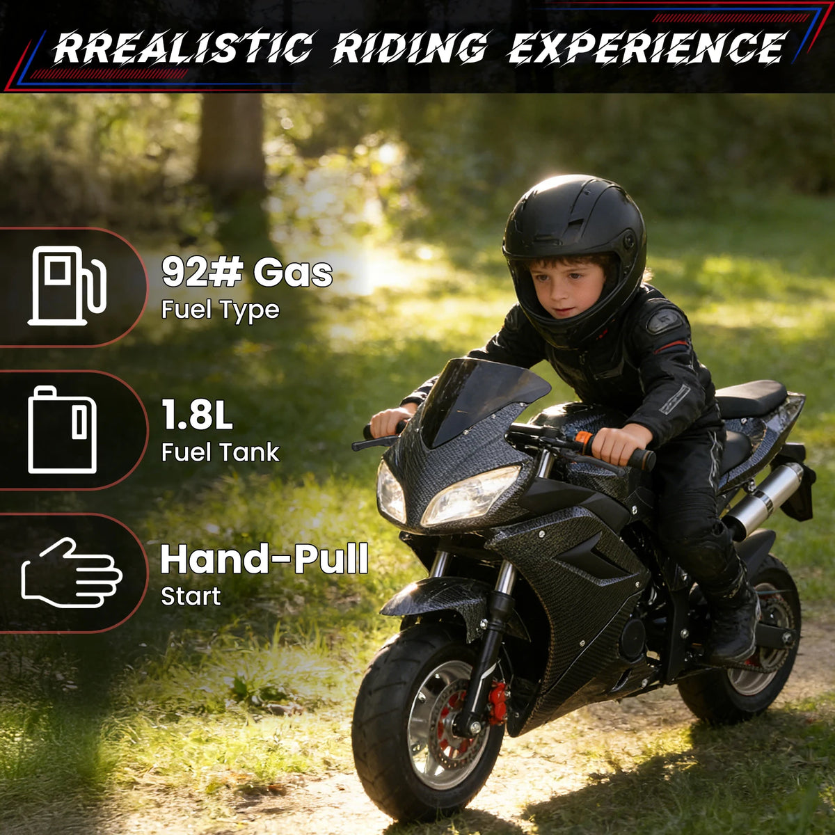 49cc 4-Stroke Mini Motorcycle Gas Pocket Motorbike Pocket Rocket Motorcycle with Front Rear Disc Brakes Racing Max Speed 25MPH