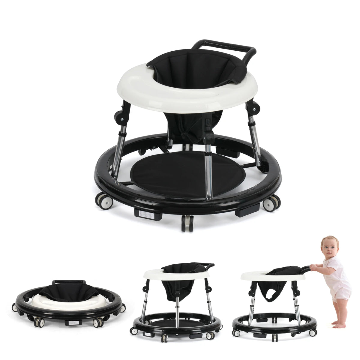 Kmaier Baby Walker, Walker for Babies, Anti‑Rollover Foldable 2‑in‑1 Infant Activity Walker with Rear Push Handle, Multi‑Height Adjustable Metal Support Legs, Removable Washable Seat & Anti‑Slip Wide Safety Base for Toddlers 6‑18 Months