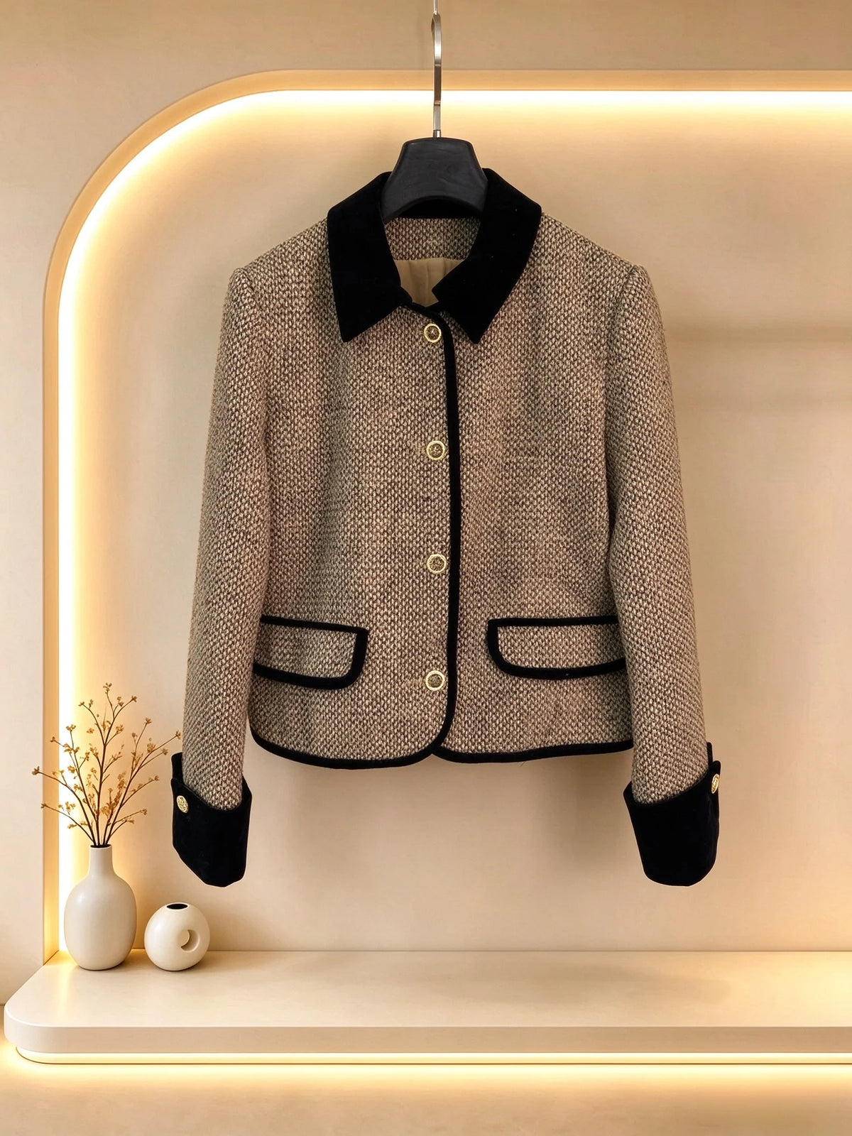 2026 Women Autumn Color Block Collar Tweed Short Jacket ZX3106