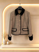 2026 Women Autumn Color Block Collar Tweed Short Jacket ZX3106
