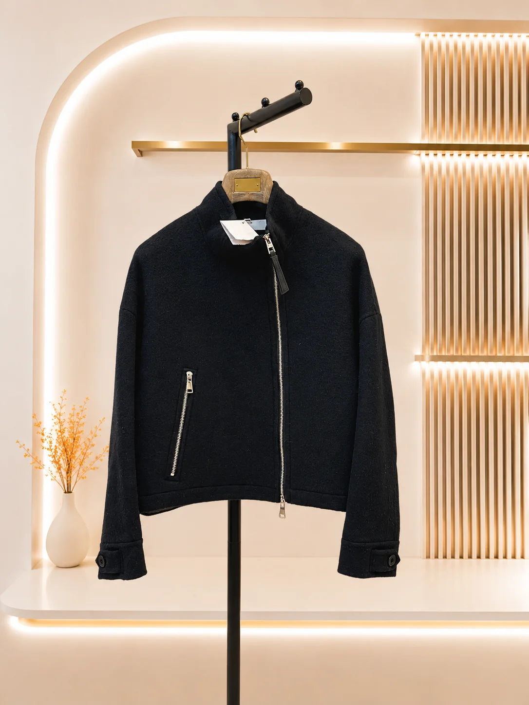 2026 Women Cropped Wool Jacket Double Face Cashmere Stand Collar Diagonal Zip Closure Zip Pocket Cuff Button Detail