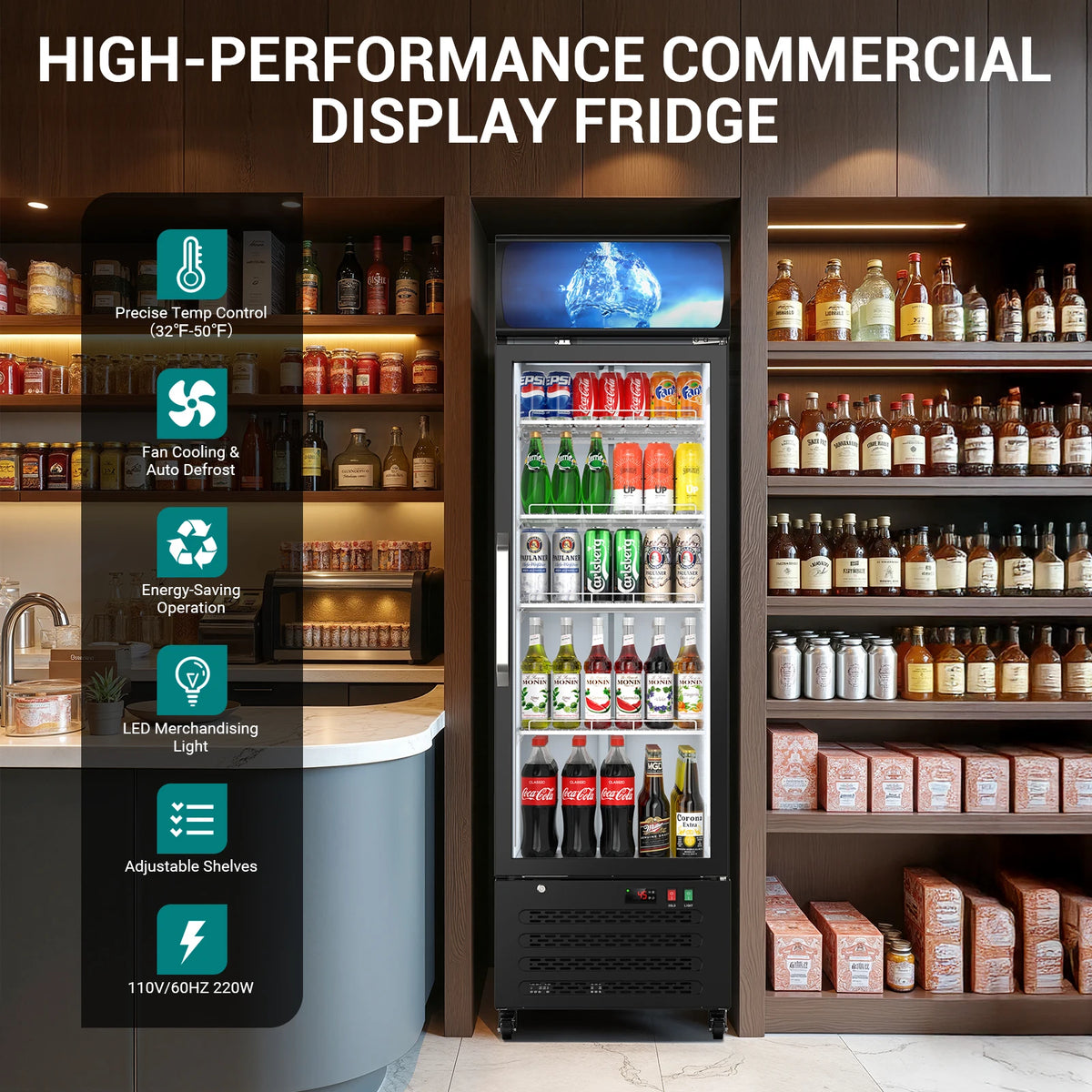 14.8 Cu Ft Commercial Merchandiser Refrigerator Glass Door Upright Beverage Display Fridge Cooler with Front LED Light for Shop