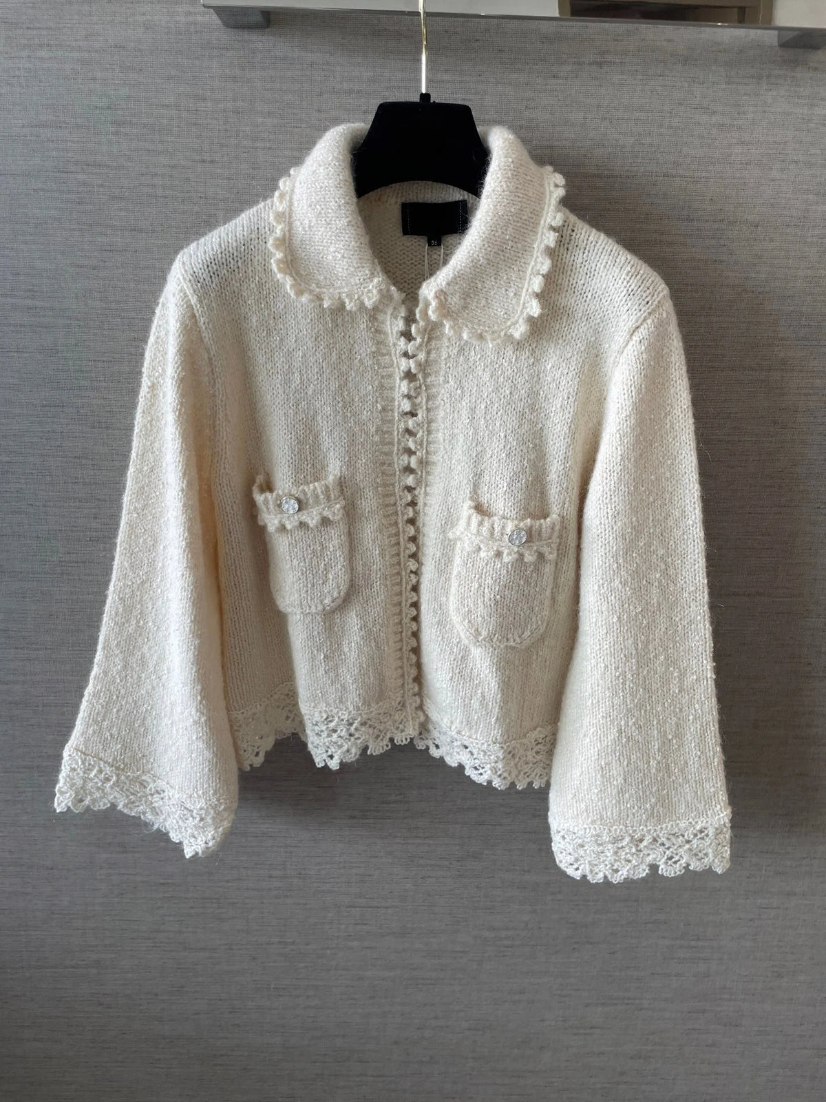 2026 Women Sweater Cropped Knit Cardigan Doll Collar Lace Crochet Trim Flared Sleeve Patch Pockets Textured Knit Fabric