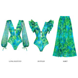 Flaxmaker Women Sexy Deep V Neck Long-sleeved Jungle Green Print One Piece Swimsuit And Skirt Summer Bathing Suit Monokini
