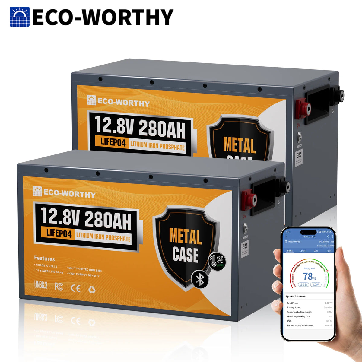 ECO-WORTHY 2Pack 12V 280Ah Metal Case LiFePO4 Battery w/Bluetooth & Low Temp Cutoff - Built-in 200A BMS - Deep Cycle for Camper, Traile