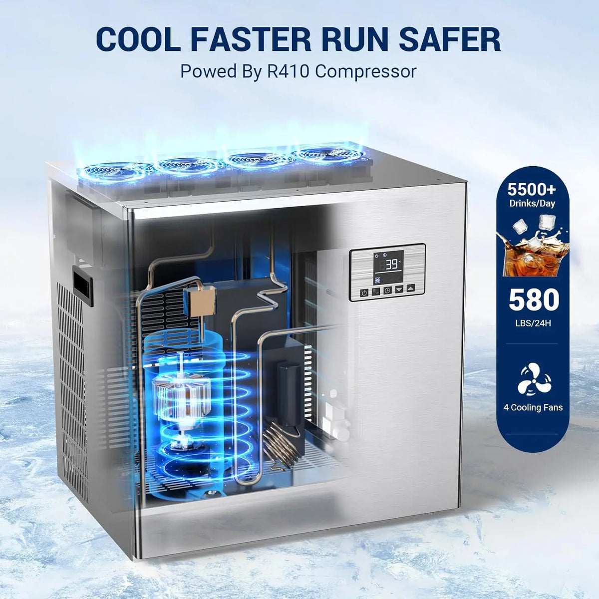Commercial Ice Maker 300LBS Ice Storage Bin, Adjustable Steel Feet, Commercial Ice Maker Machine Head 580 LBS/24h, 132 Ice Cubes