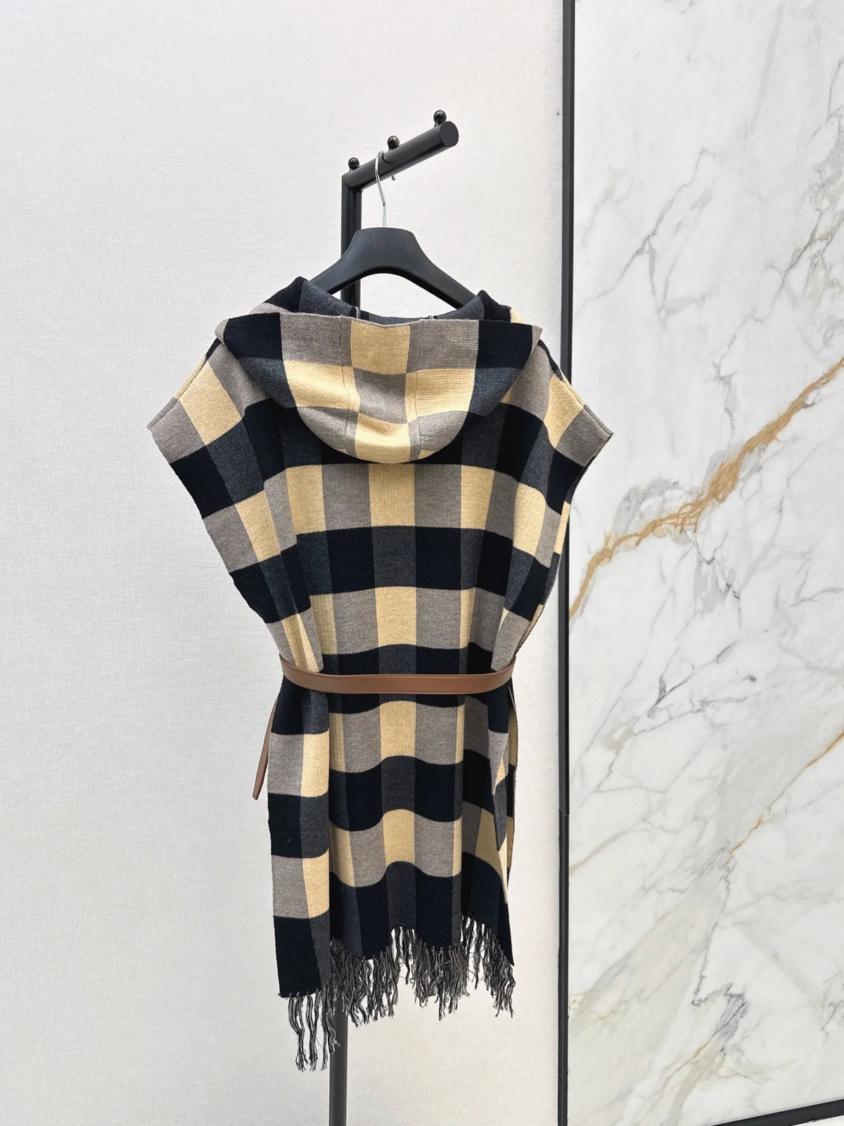 2026 Women Cape Coat Hooded Plaid Pattern Wool Fabric H Line Cut Brown Waist Belt Fringe Edge Fall Winter Outer Garment