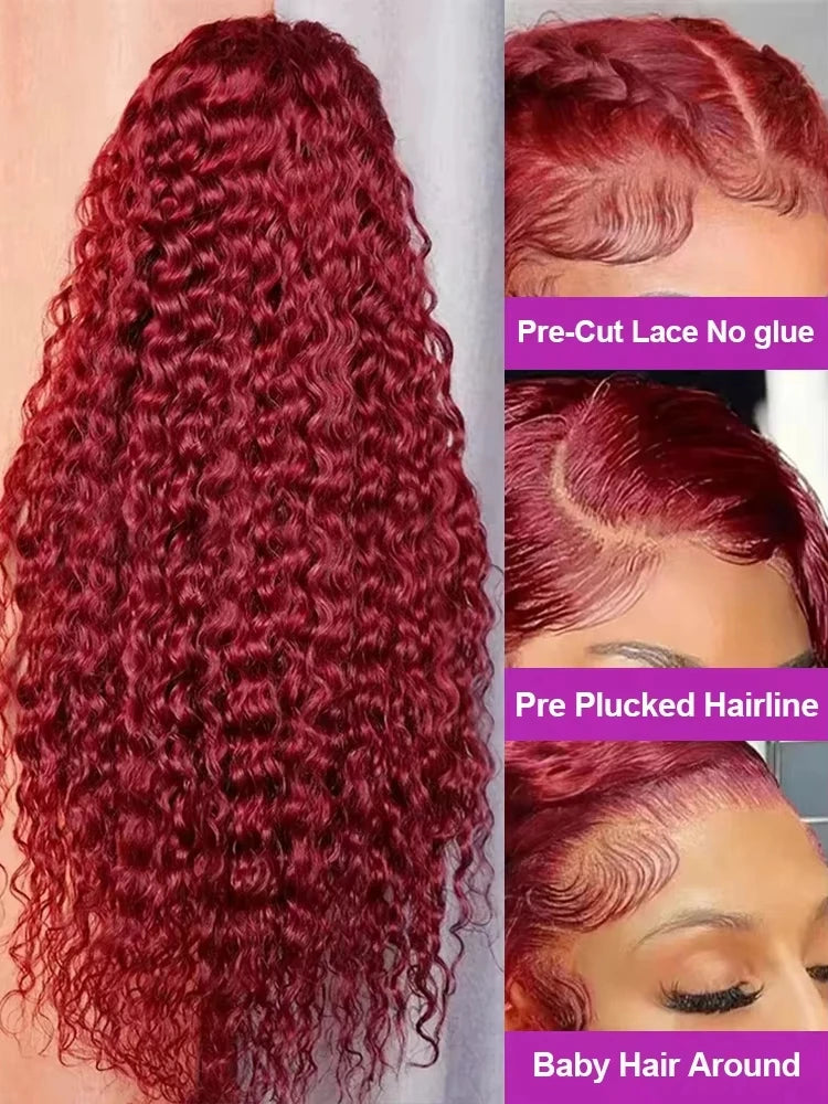 30 40 Inch Burgundy 99j Deep Wave Frontal Wig Colored Curly Human Hair