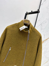 2026 Women Cropped Wool Jacket Double Face Cashmere Stand Collar Diagonal Zip Closure Zip Pocket Cuff Button Detail