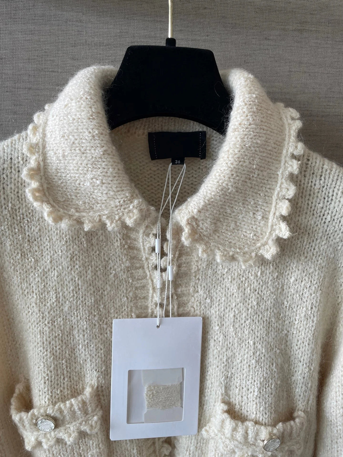 2026 Women Sweater Cropped Knit Cardigan Doll Collar Lace Crochet Trim Flared Sleeve Patch Pockets Textured Knit Fabric