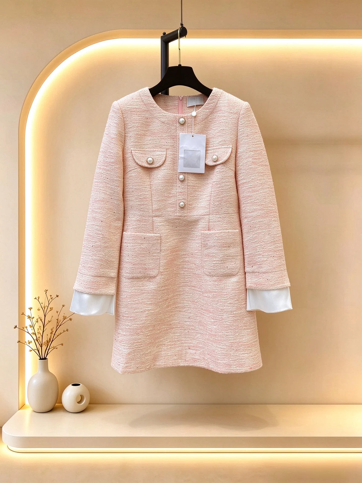 2026 Women Autumn Tweed Round Neck A-line Dress With Fake Two Pieces Cuffs ZX3101