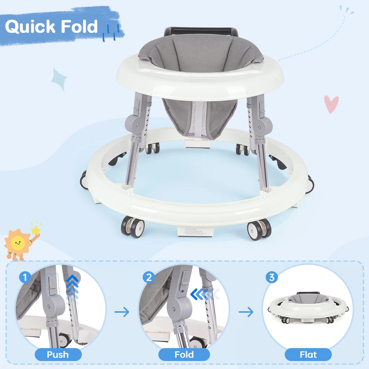 Kmaier Baby Walker, Walker for Babies, Anti‑Rollover Foldable 2‑in‑1 Infant Activity Walker with Rear Push Handle, Multi‑Height Adjustable Metal Support Legs, Removable Washable Seat & Anti‑Slip Wide Safety Base for Toddlers 6‑18 Months
