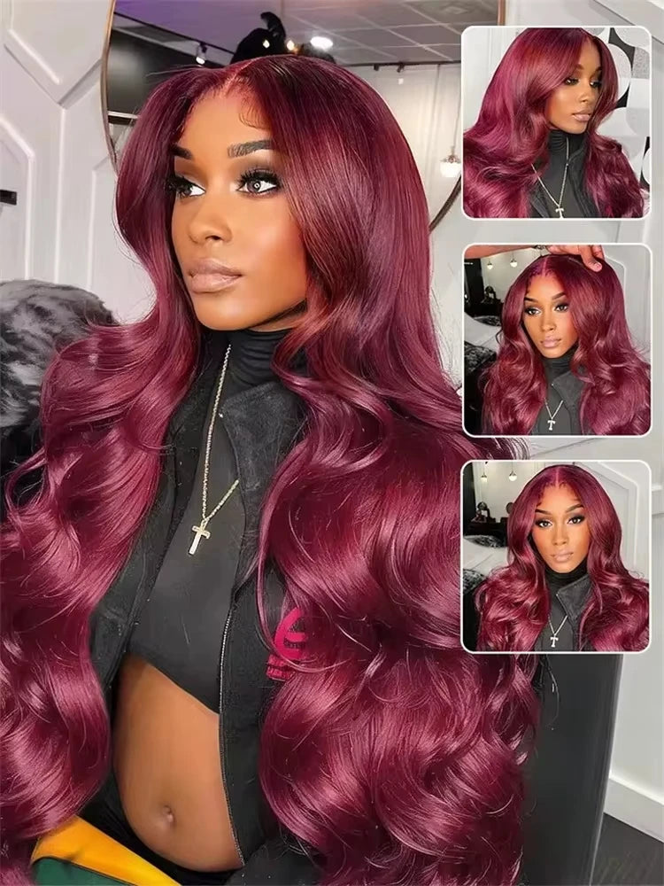99j Burgundy 13x6 HD Lace Frontal Human Hair Wig Body Wave 200 250 Density 30 40 Inch Red Colored Lace Frontal Wigs Brazilian