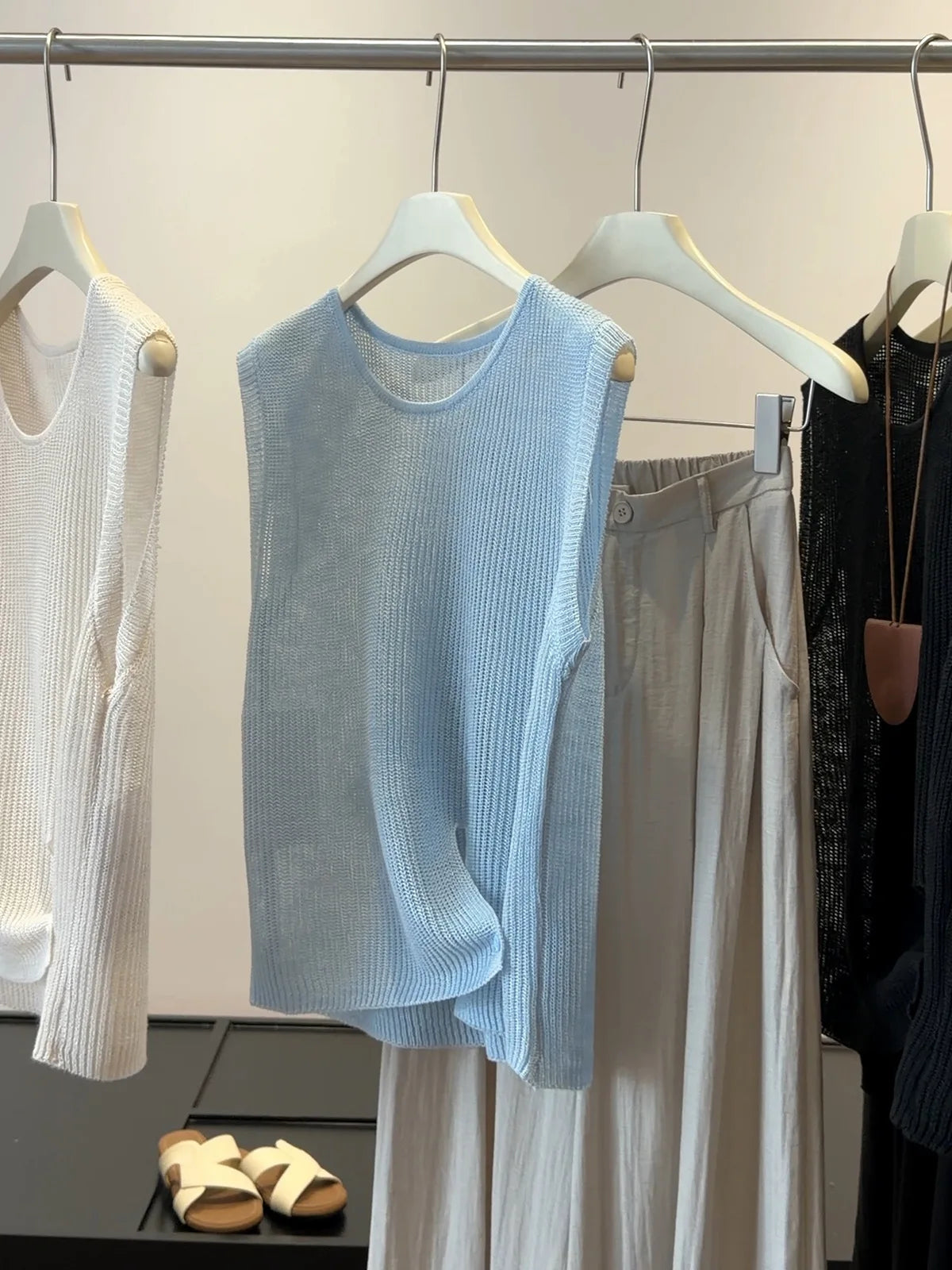 2026 New Style - Simple Light Blue Open-Weave Knitted Sleeveless Blouse - Comfortable and Versatile for Daily Use