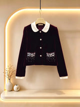 2026 Women Autumn Winter Velvet Contrast Collar Rhinestone Cropped Jacket ZX3102