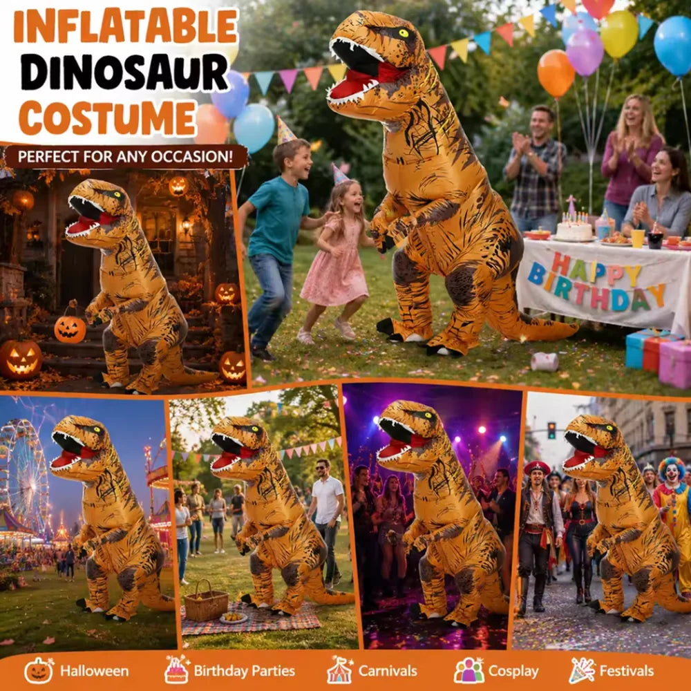Adult Inflatable T-Rex Dinosaur Costume, Brown Blow Up Tyrannosaurus Rex Suit for Halloween Cosplay Party Carnival Brown