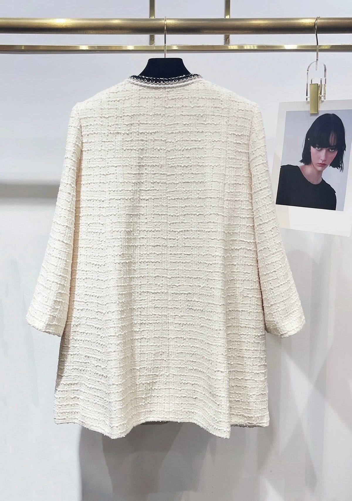 2026 Women Tweed Jacket Mid‑Length Round Neck Weave Fabric Contrast Tape Trim Metal Button Closure