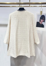 2026 Women Tweed Jacket Mid‑Length Round Neck Weave Fabric Contrast Tape Trim Metal Button Closure