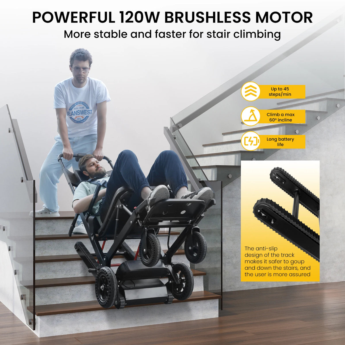 Electric Stair Climbing Chair Foldable Emergency Stair Lift Wheelchair Battery Operated for Elderly Disabled 440 lbs Max Load