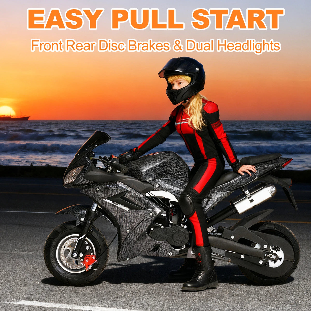 49cc 4-Stroke Mini Motorcycle Gas Pocket Motorbike Pocket Rocket Motorcycle with Front Rear Disc Brakes Racing Max Speed 25MPH