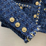 2026 Women Tweed Jacket Cropped Round Neck Long Sleeve Hem Metal Chain Braided Trim Gold Relief Buttons