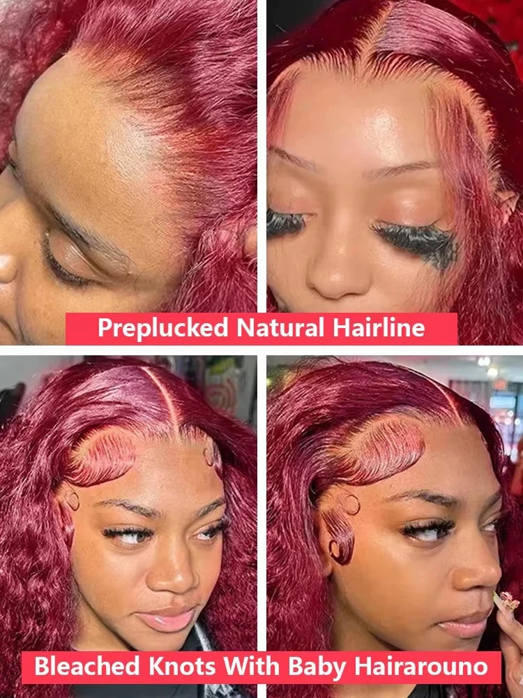 30 40 Inch Burgundy 99j Deep Wave Frontal Wig Colored Curly Human Hair