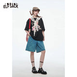 ELFSACK 2025 Spring New Arrivals Lace O-neck Printed Short Sleeve T-shirt Women Dopamine Spring Outfit